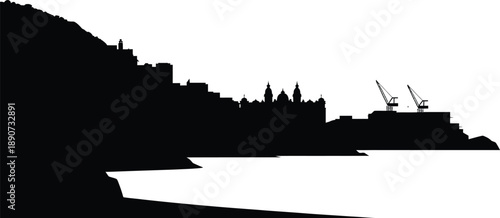 Coastal city skyline silhouette with building silhouettes and harbor cranes near water front