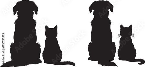 Behind View Sitting Dog and Cat Silhouettes Vector Set Bundle
