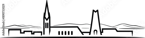 Icelandic city skyline silhouette featuring minimalist church architecture and mountain range