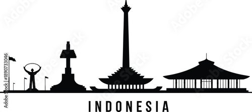 Indonesia national monuments skyline silhouette including monas tower and traditional pavilion