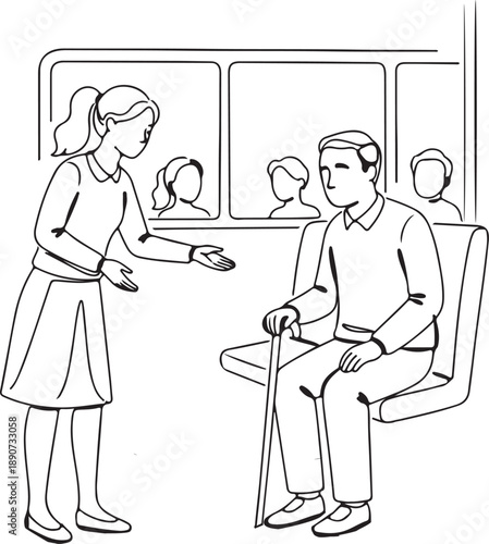 Young woman showing kindness by offering her seat to an elderly man on public transport, illustrating courtesy and respect for seniors