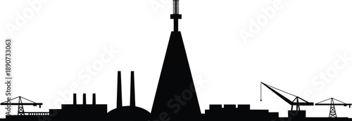 Industrial city skyline silhouette with factory chimneys large tower and cranes construction industry