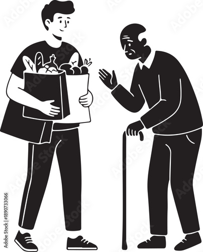Young volunteer delivering groceries to an elderly man, symbolizing community support, assistance, and care for seniors and vulnerable populations
