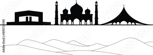 Islamic landmarks and desert hills outline set vector illustration background