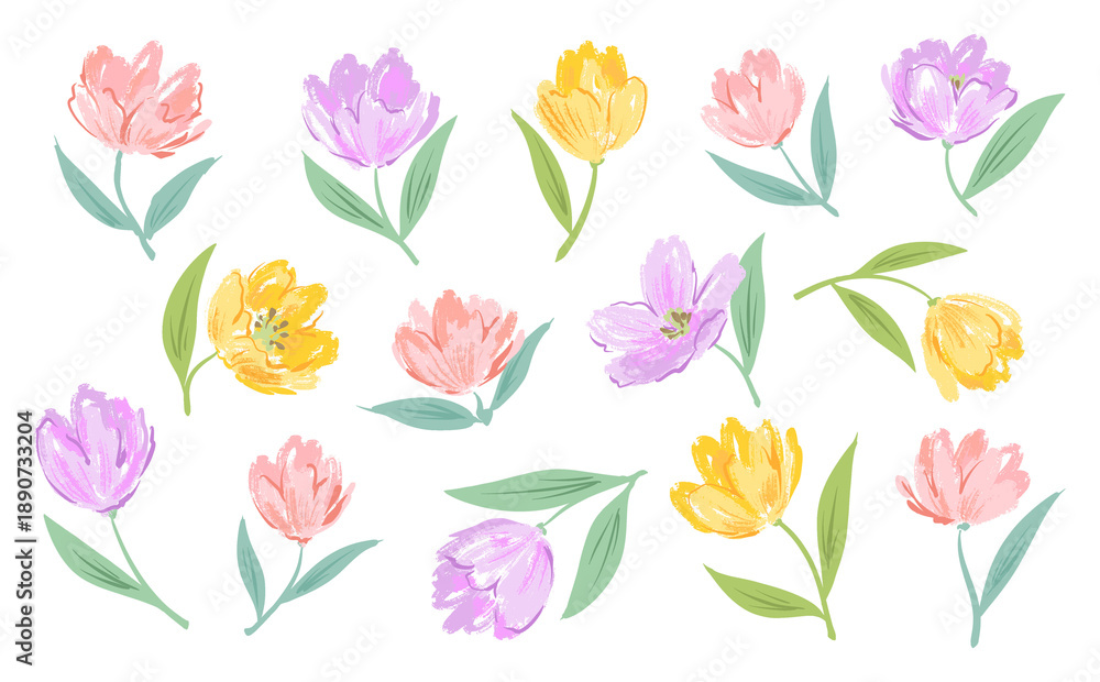 Fototapeta premium Hand drawn pastel style tulip PNG clipart set for pattern, stationary, wrapping paper ,kids fabric and easter design.