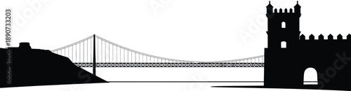Lisbon portugal city skyline silhouette illustration with suspension bridge and sao jorge castle