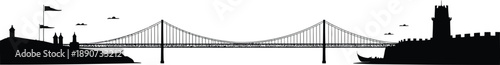 Lisbon bridge and belem tower skyline silhouette vector illustration featuring river landscape