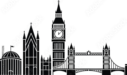 London landmarks skyline silhouette including big ben tower and tower bridge vector graphic
