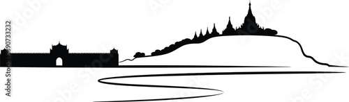 Mandalay palace wall and kuthodaw pagoda silhouette in burma myanmar mountain landscape design