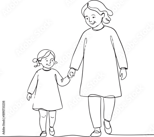 Continuous Line Art of Mother and Daughter Walking Hand in Hand, a Minimalist Illustration of Family Love, Parenthood, and Childhood Bond