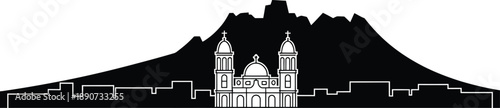 Mexican city with a large cathedral and mountain in the background, outline sketch illustration
