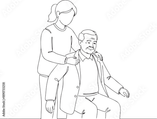 Continuous Line Drawing of a Woman Assisting an Elderly Man, Depicting Care and Support in Healthcare or Home Settings
