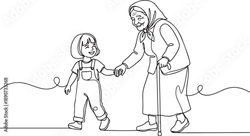 Continuous Line Drawing of a Happy Grandmother and Granddaughter Walking Hand in Hand, Illustrating Family Love, Intergenerational Bond, and Care.