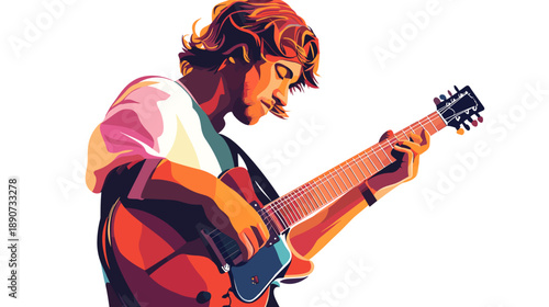 Young Man Playing Electric Guitar Intensely.