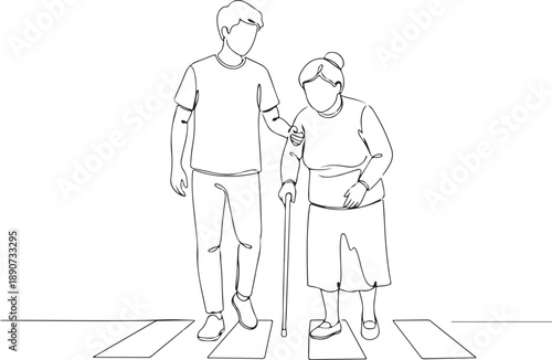 Continuous line drawing of a young man assisting an elderly woman with a cane across a pedestrian crosswalk, depicting kindness and intergenerational care, support, and empathy