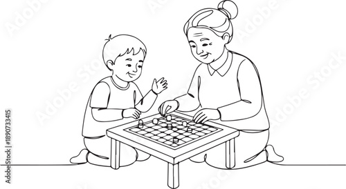 Grandmother and Grandson Playing a Board Game Together, Enjoying Intergenerational Bonding and Family Fun, Continuous Line Art Illustration