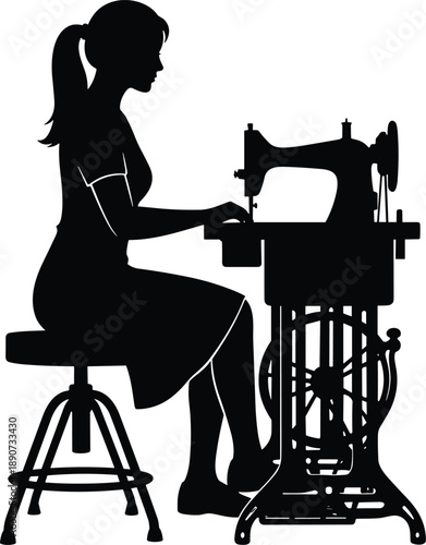 Black Silhouette of a Professional Seamstress Using a Vintage Treadle Sewing Machine for Fashion Design Tailoring and Creative Handicraft Work