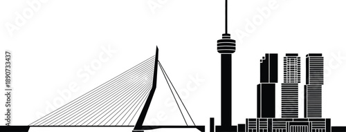 Rotterdam netherlands city skyline silhouette vector art with erasmus bridge and euromast tower