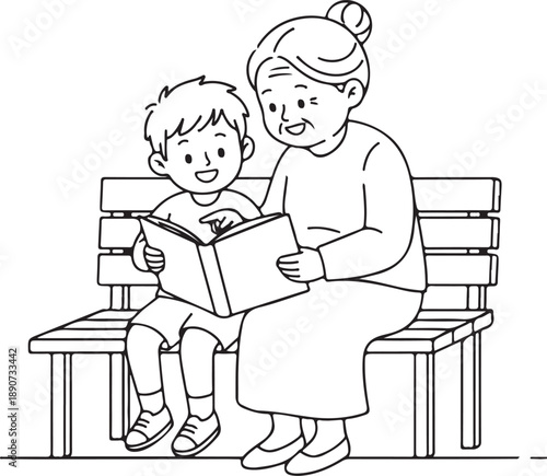 Grandmother and Grandson Reading a Book Together on a Bench, Family Story Time, Intergenerational Bond
