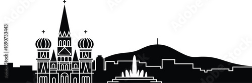 Saint alexander nevsky cathedral silhouette with fountain and mountain backdrop skyline art