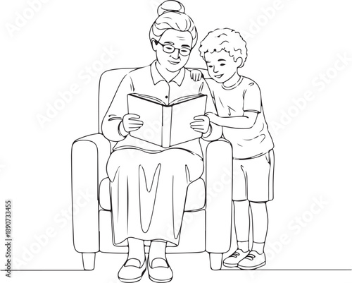 Grandmother and Grandson Reading Book Together, Shared Story Time with Elderly Woman and Child in Line Art Style