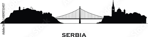Serbia skyline silhouette vector illustration featuring historical fortress and bridge symbols