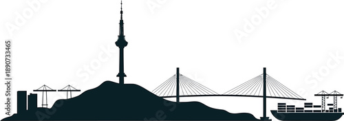 South korea seoul namsan tower and busan bridge skyline silhouette with container cargo ship