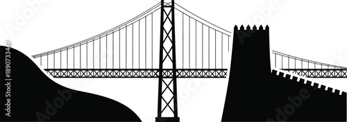 Suspension bridge silhouette connecting land to stone fortress wall in architectural city scene