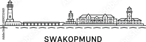 Swakopmund skyline vector illustration line art featuring namibian coastal landmarks and water