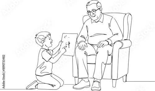 Grandson Sharing Colorful Drawing with Grandfather, Illustrating Intergenerational Bond and Creativity in Continuous Line Art