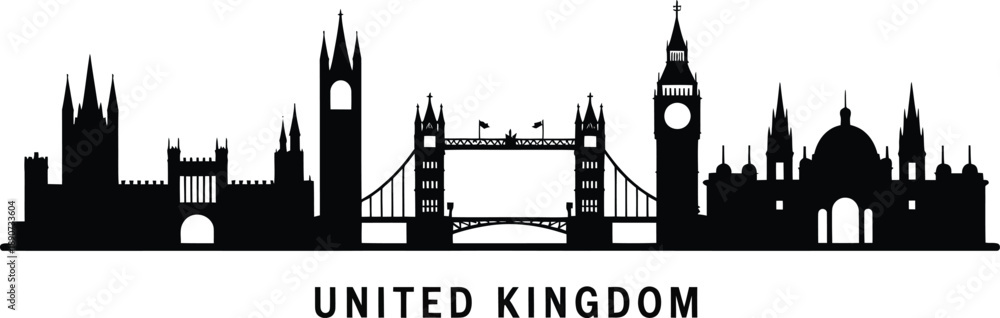 Fototapeta premium United Kingdom skyline silhouette featuring iconic London landmarks tower bridge and big ben