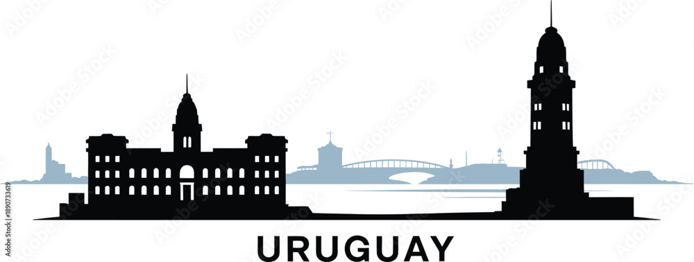 Fototapeta premium Uruguay skyline silhouette with Montevideo landmarks and maritime elements in minimalist style