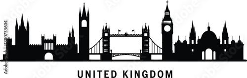 United Kingdom skyline silhouette featuring iconic London landmarks tower bridge and big ben