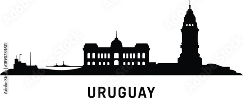 Uruguay city skyline silhouette showing historic monuments and coastal architecture in black ink