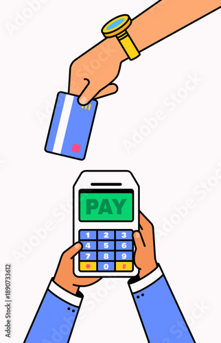 Hand holding credit card and paying with pos terminal illustration cartoon vector in hand drawn style