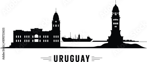 Uruguay urban skyline silhouette with ship and port buildings representing Montevideo heritage