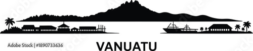 Vanuatu skyline silhouette with tropical palm trees island landscape and local beach buildings