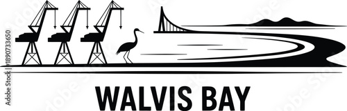 Walvis bay namibia harbor silhouette with port cranes bird wildlife and coastal bay landscape