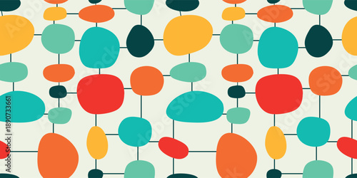 Atomic Era Seamless Pattern, Mid Century Modern Abstract Geometric Shapes in Retro Color Palette