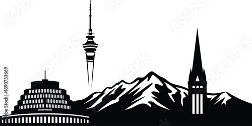 Wellington and auckland new zealand skyline cityscape silhouette black and white vector art