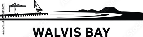 Walvis bay port silhouette with industrial dock cranes and scenic mountain coastline landscape