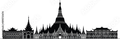 Yangon city skyline silhouette featuring shwedagon pagoda and traditional burmese architecture