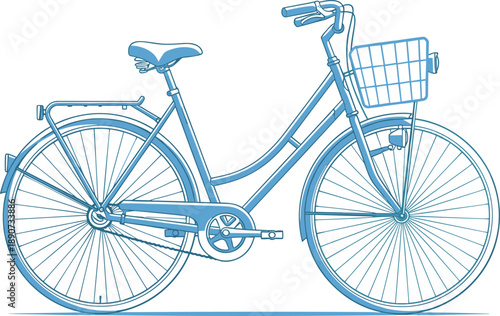 Blue line art vector illustration of a vintage city bicycle with a front basket rear rack and step through frame