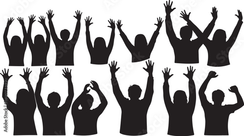 Silhouettes of people raising hands in celebration together