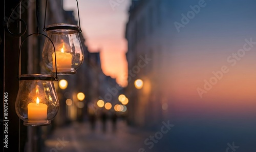 Lit candles in hanging glass lanterns create a warm, romantic glow against a blurred backdrop of an old European street at twilight.