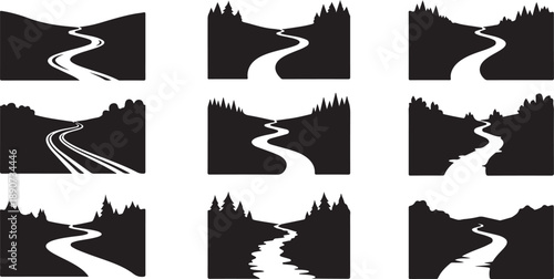 Set of black and white road landscape silhouettes collection