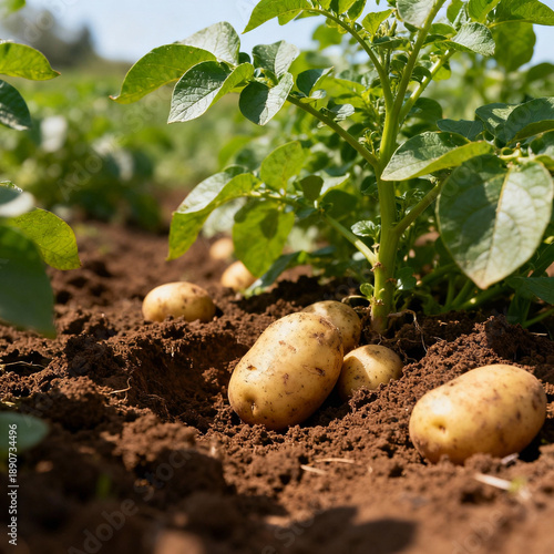 Fresh Potatoes Growing in Natural Potato Plantation