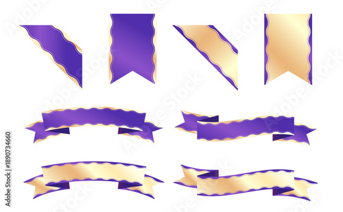 紫とゴールドの豪華なリボンあしらい・フレームセット。波状の縁取りがエレガントなバナー、コーナーラベル、吊り下げ旗のテンプレート。記念日、イベントの装飾、ギフト、プレミアムなキャンペーン広告に最適な高品質イラスト。エレガント ベクター 編集可能