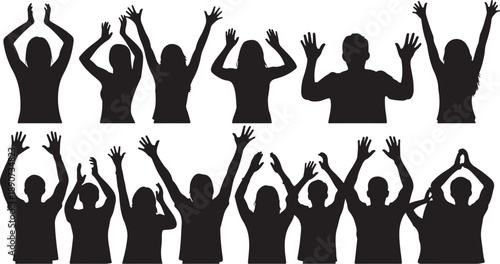Silhouettes of people raising hands in celebration and excitement