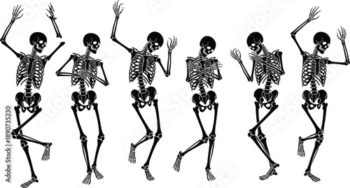Dancing black skeleton silhouettes set in joyful poses isolated on white background for Halloween party invitations and spooky gothic decor (